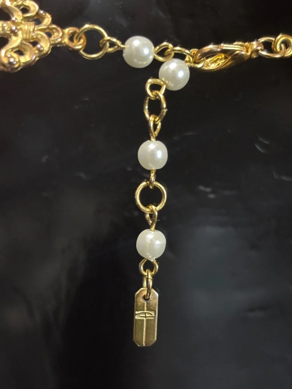 TAI JEWELRY Three-Strand Pearl Necklace w Crystal-encrusted Centerpiece (Signed)